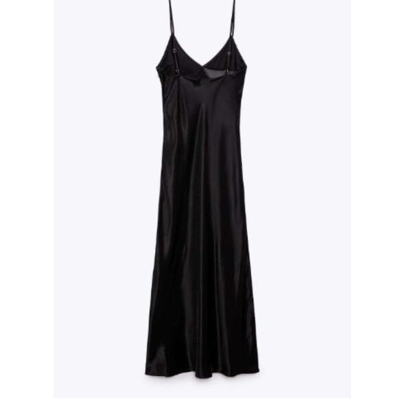Zara Black Satin Effect Rhinestone Midi Slip Dress Spaghetti Straps Size Small - Picture 13 of 14